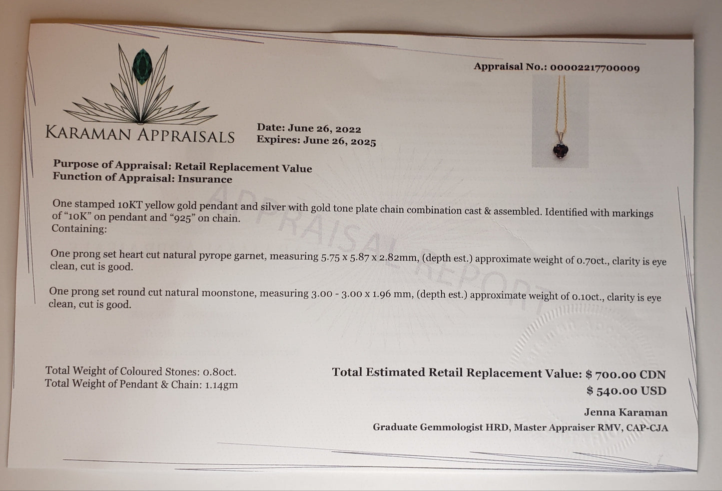 Natural Garnet Heart Pendant Necklace - 10KT Gold