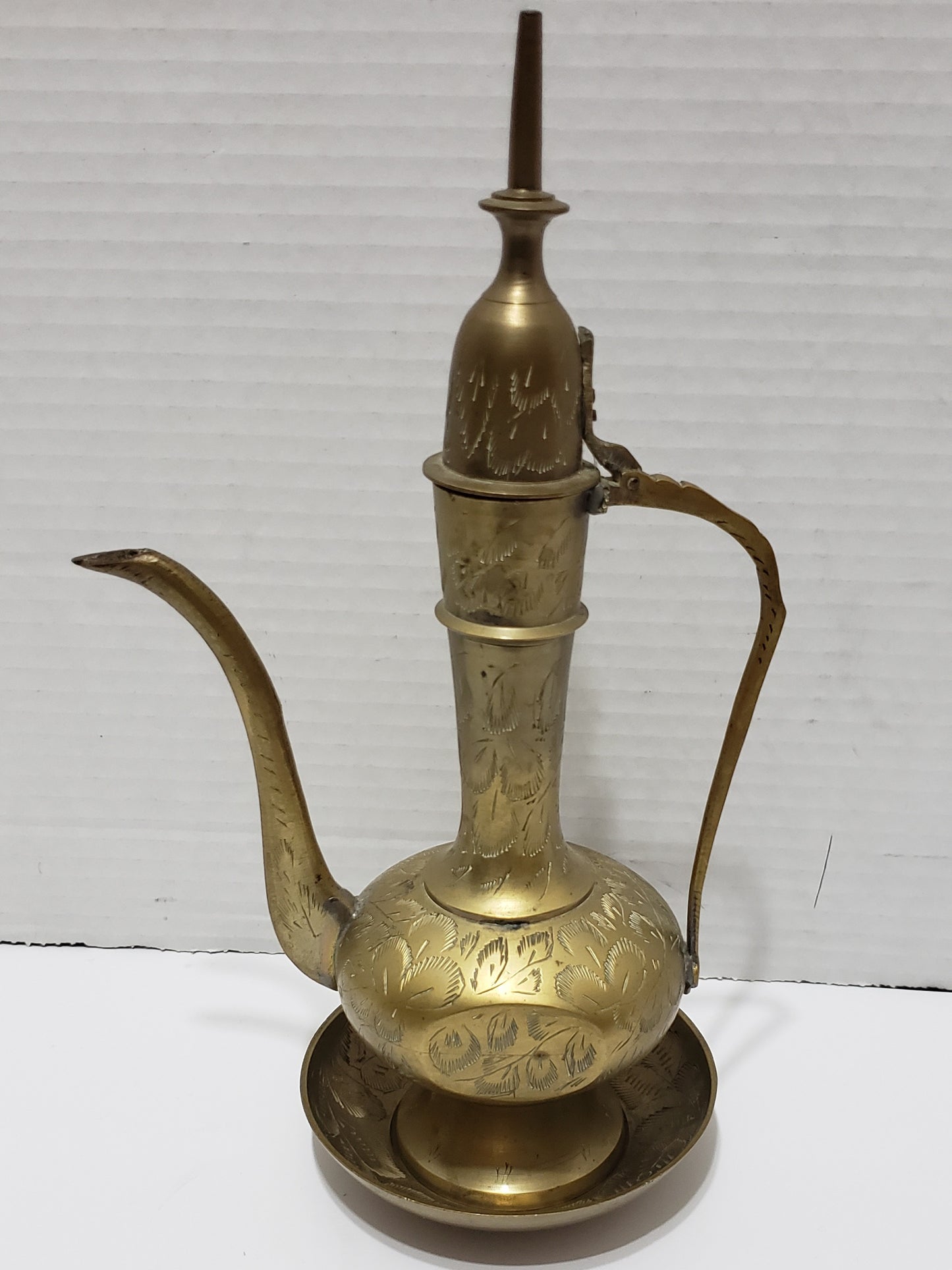 Sarna Brass Tea Ewer Tall with Saucer, Embossed - 10"