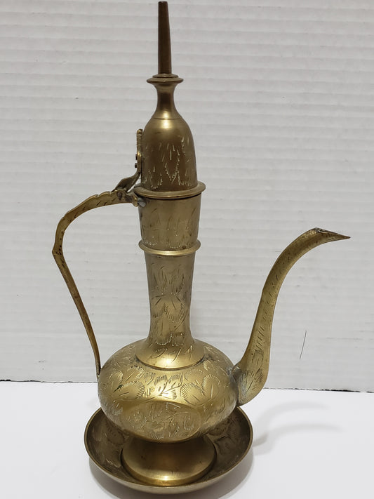 Sarna Brass Tea Ewer Tall with Saucer, Embossed - 10"
