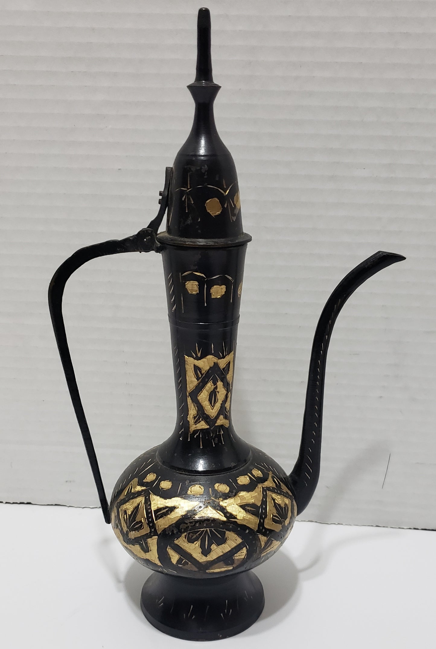 Vintage Brass Tea Ewer Tall, Black/Brass, Hand Etched - 11"