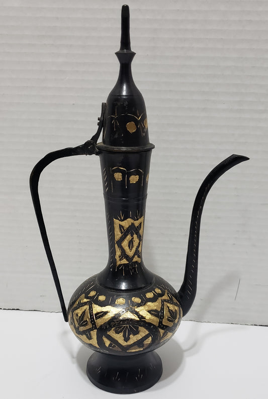 Vintage Brass Tea Ewer Tall, Black/Brass, Hand Etched - 11"