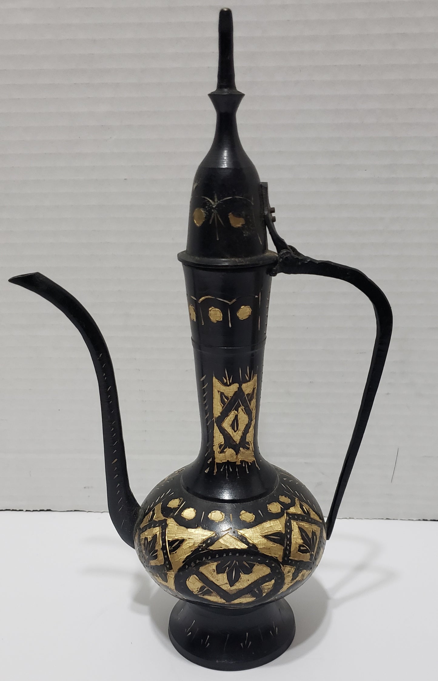Vintage Brass Tea Ewer Tall, Black/Brass, Hand Etched - 11"